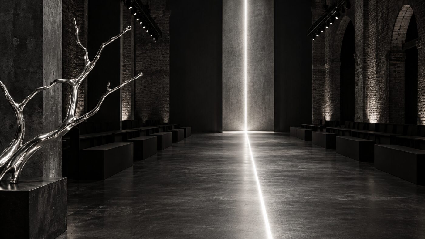 A darkened runway set beneath brick vaults, with a silver sculptural branch, evoking Alexander McQueen's return to London