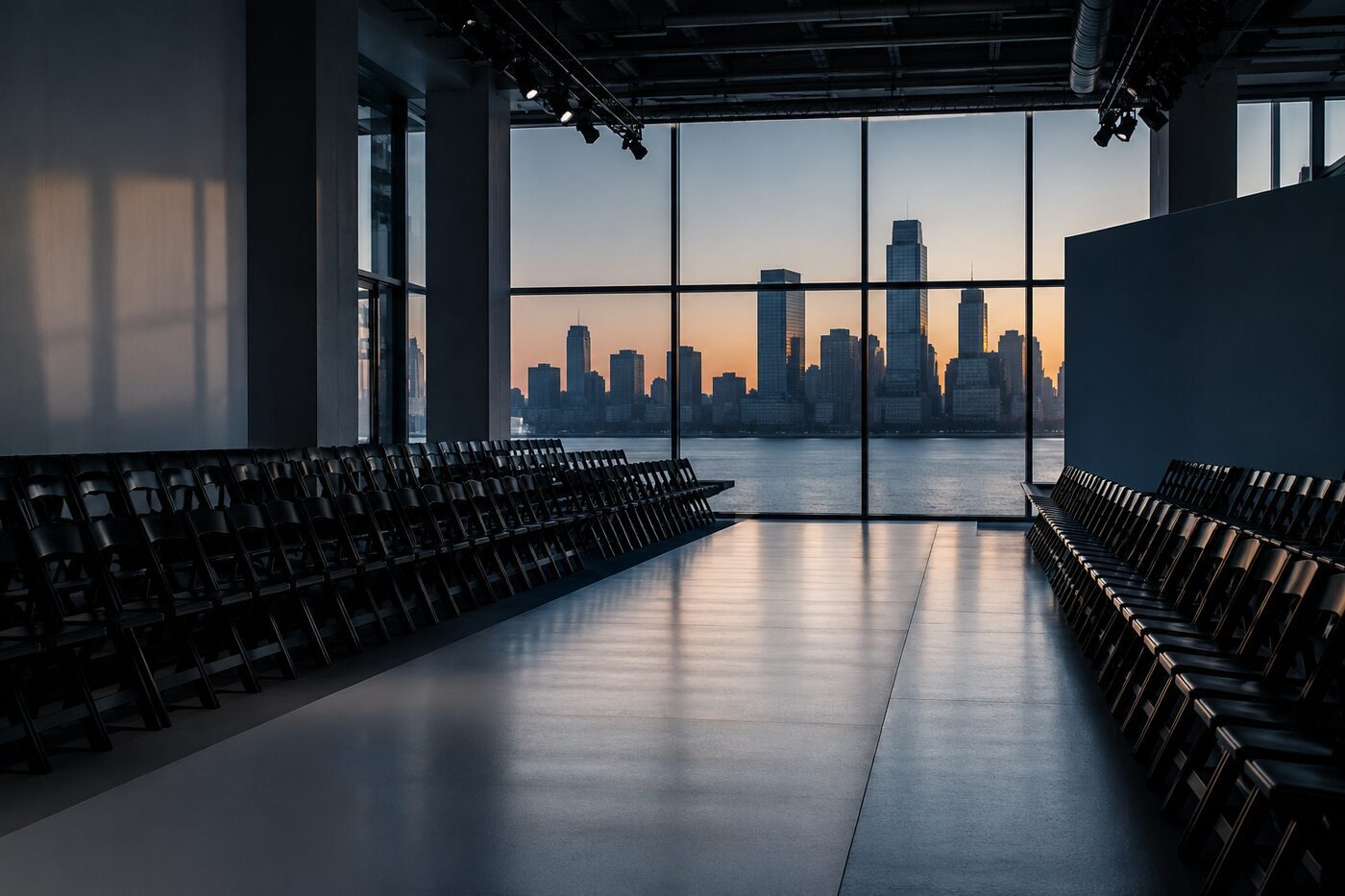 A New York Fashion Week runway set before a show, empty seats lining a long white catwalk