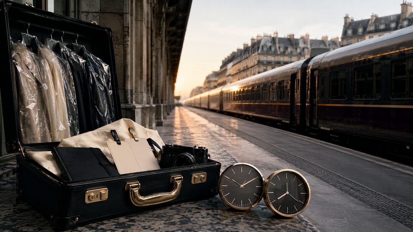 Garment rails and press cases beside a European train at dawn, standing in for the September fashion-month circuit