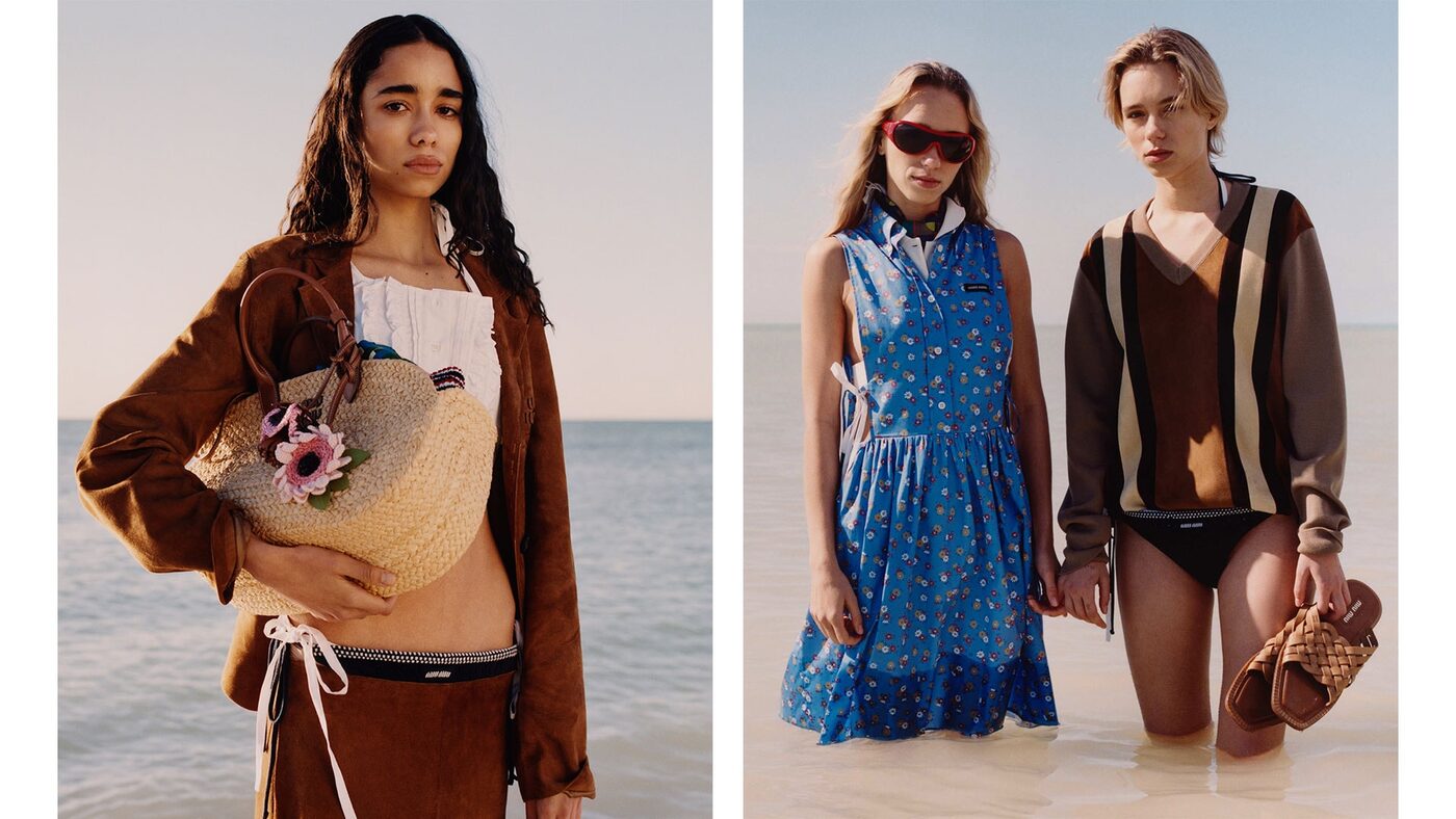A look from the Miu Miu 2026 L'Ete campaign showing cotton chambray and a logo-detailed jacket.