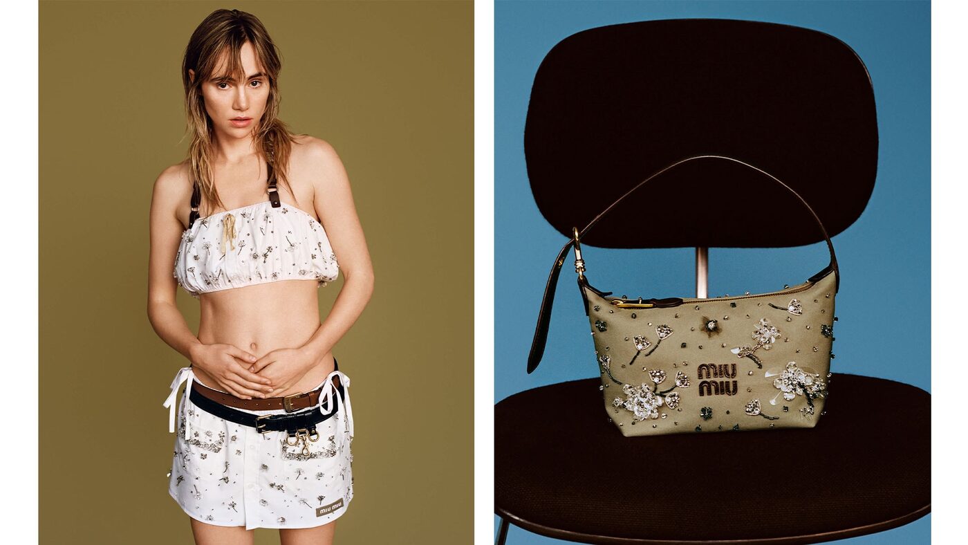 A look from the Miu Miu Upcycled 2026 campaign, a remade cotton garment with visible distressing and embellishment.