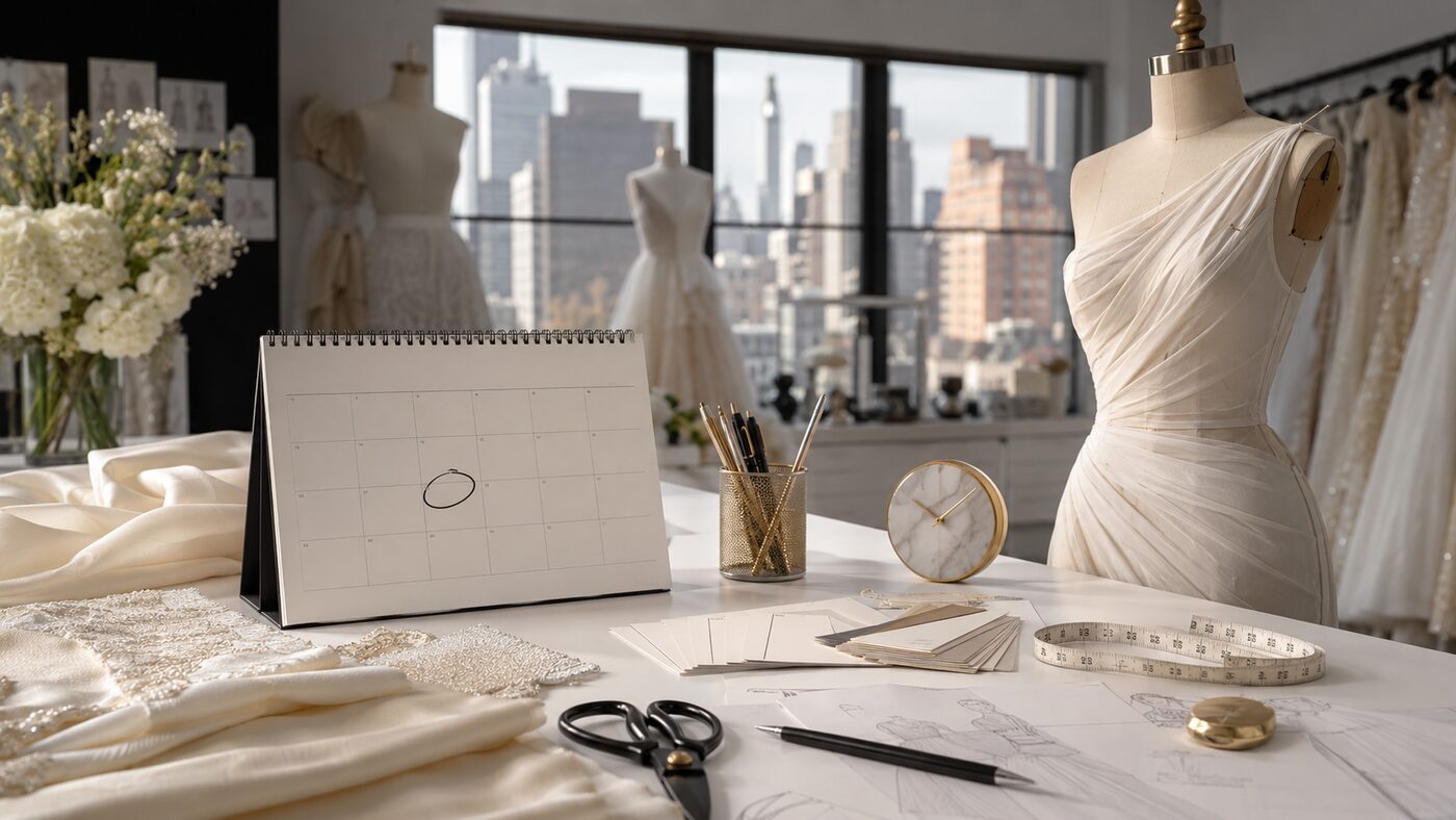 An ivory bridal atelier in New York with a calendar and a clock