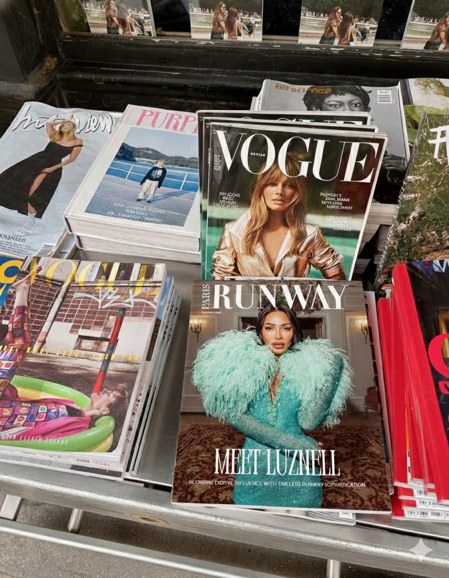 A fashion editorial cover frame in deep colour, with magazine typography across the surface