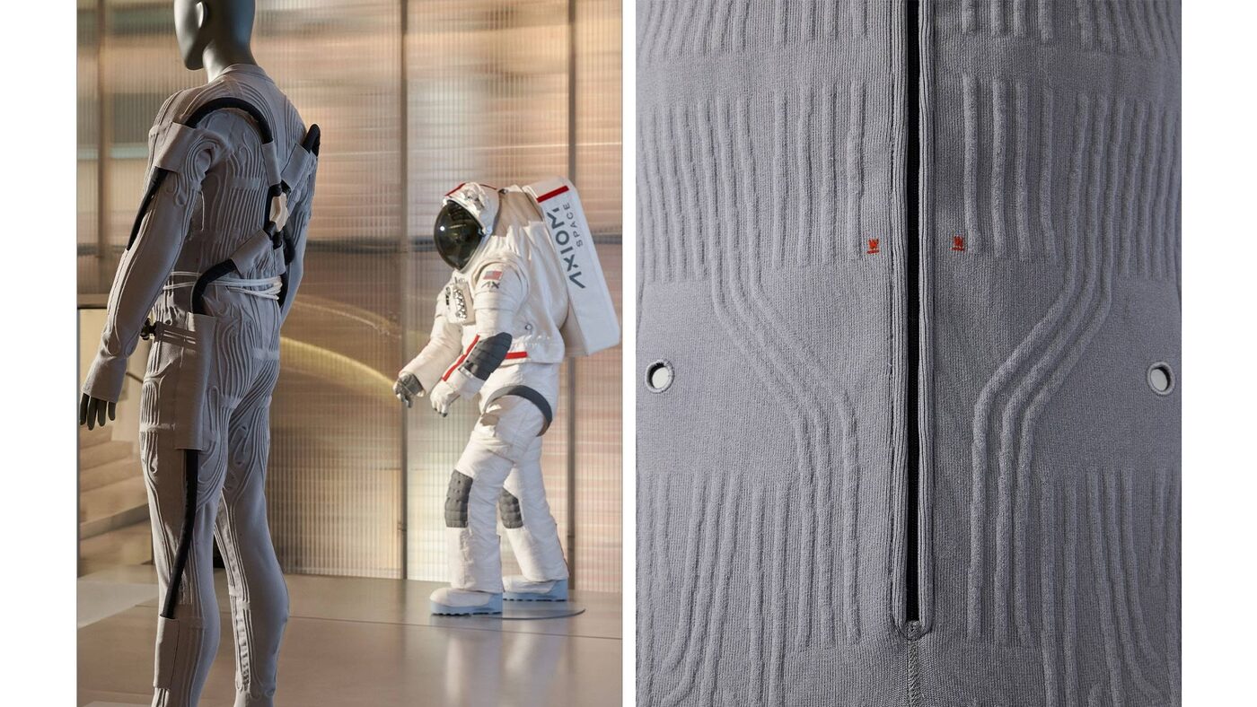The Prada and Axiom Space LCVG garment and a close view of its engineered knit