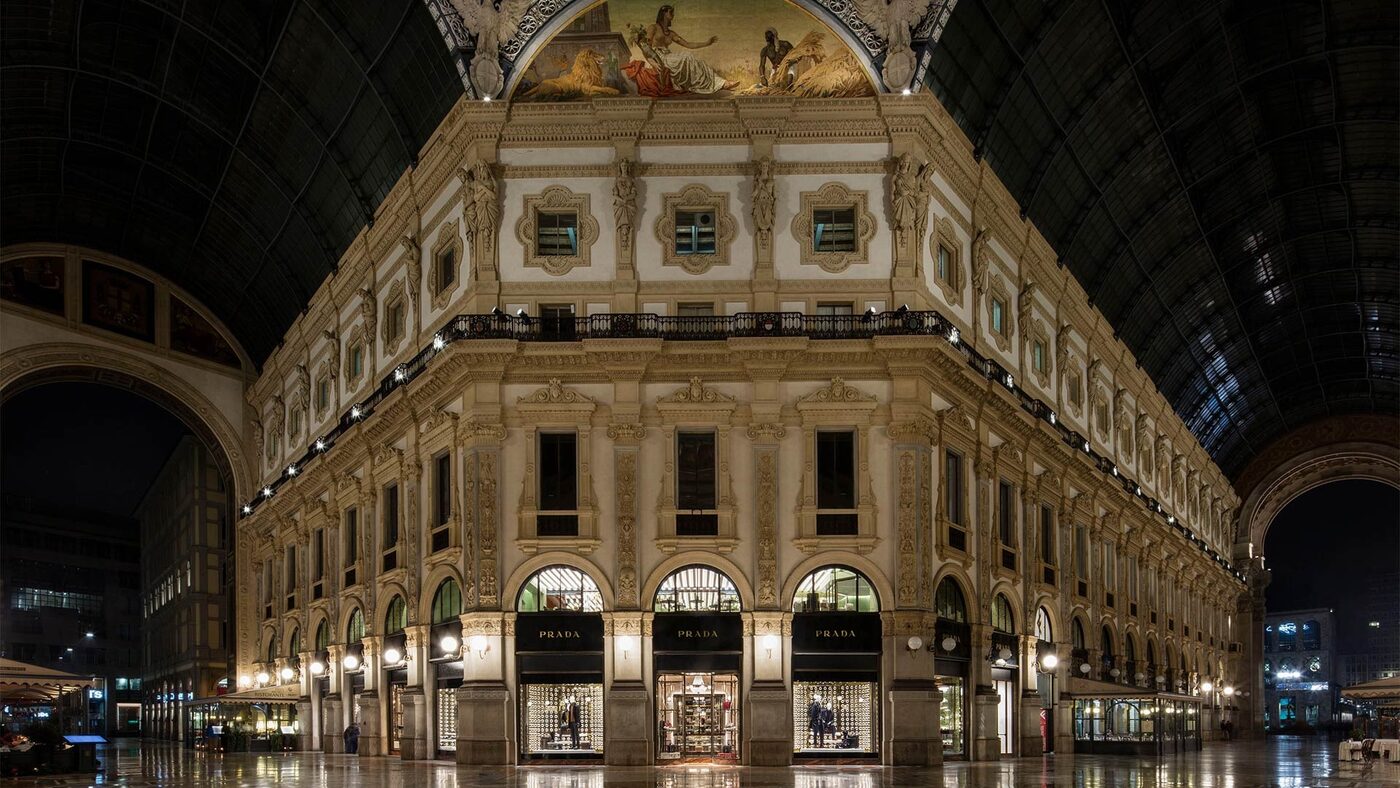 The Prada store beneath the dome of the Galleria Vittorio Emanuele II in Milan at night