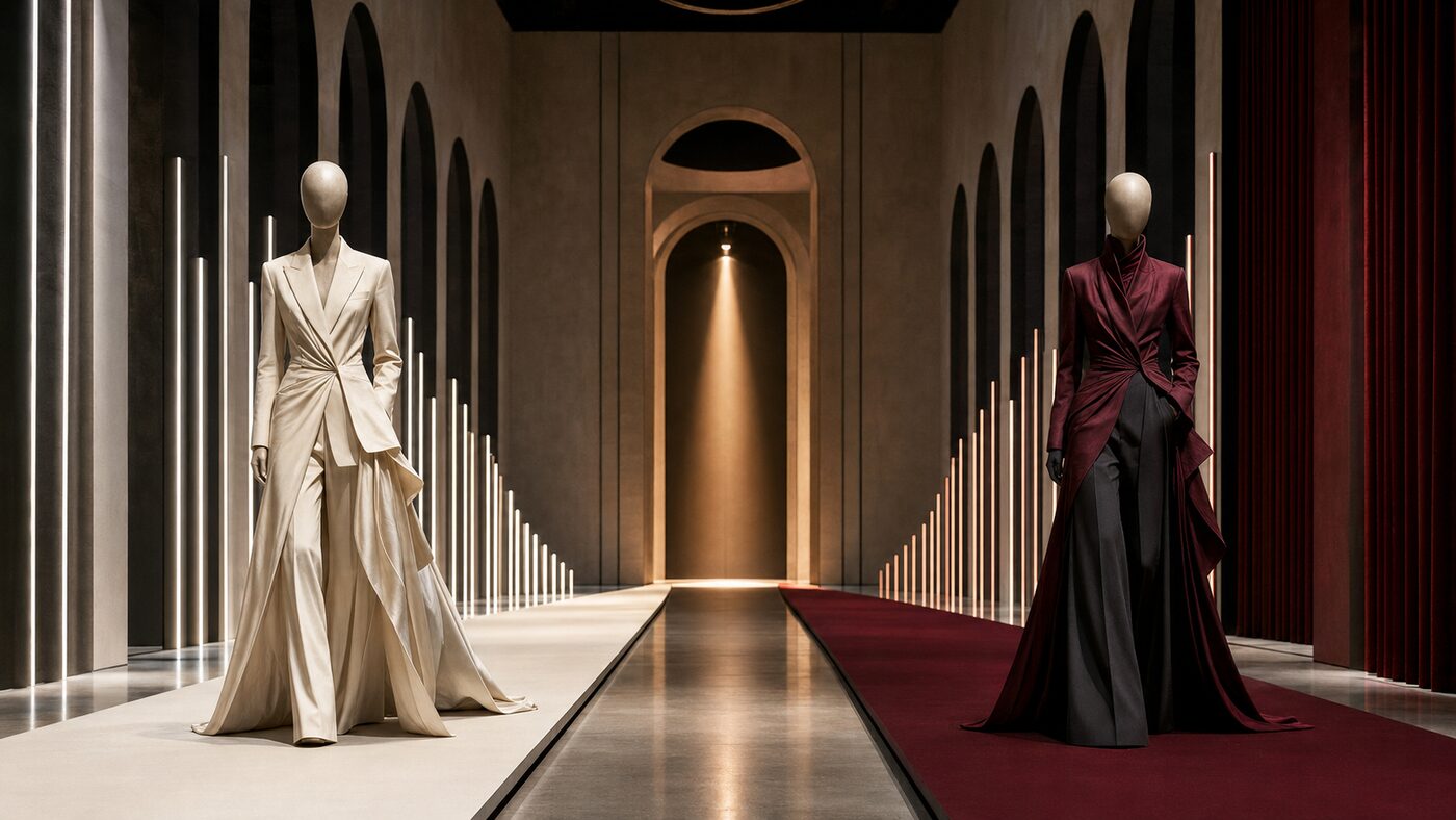 Two sculptural runway looks in a Milan setting, marking the Prada and Gucci shows at Milan Fashion Week Spring/Summer 2027