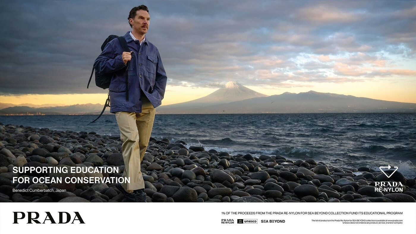 The Prada Re-Nylon 2026 campaign, set against the ocean.