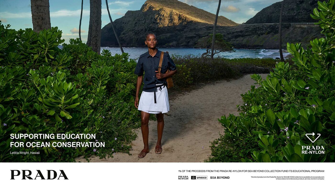 A scene from the Prada Re-Nylon 2026 campaign, with the ocean as its subject.