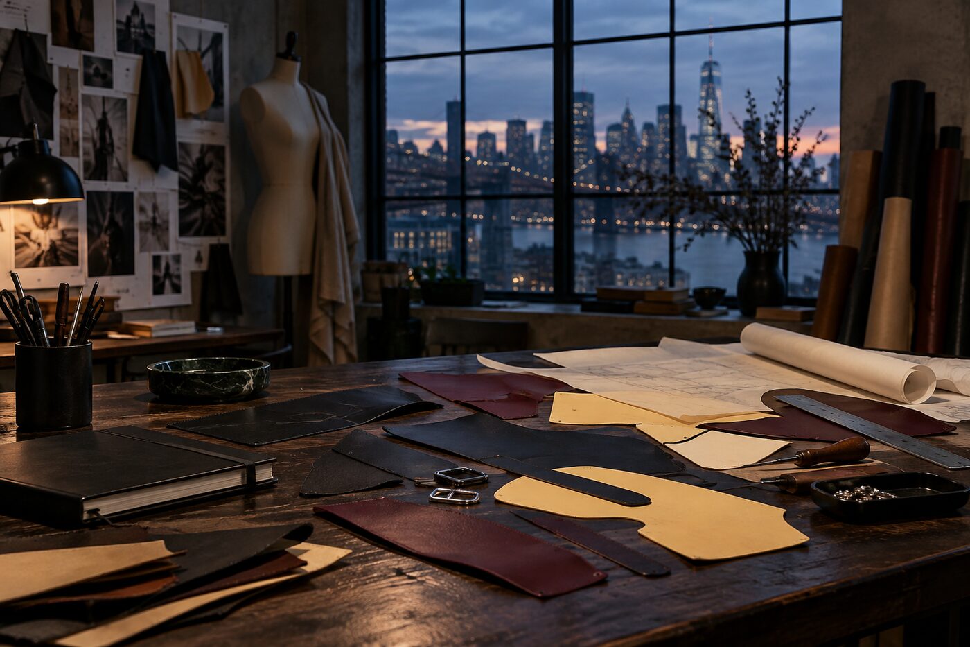 Leather pattern pieces in a New York accessories studio at blue hour