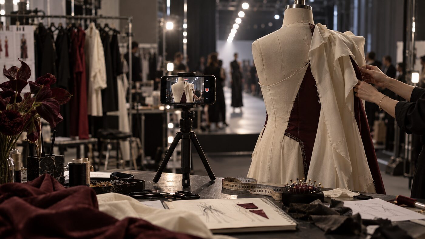 Backstage before a New York show, an unfinished garment on a stand with thread and pins, courtesy of Fashion PR Firm