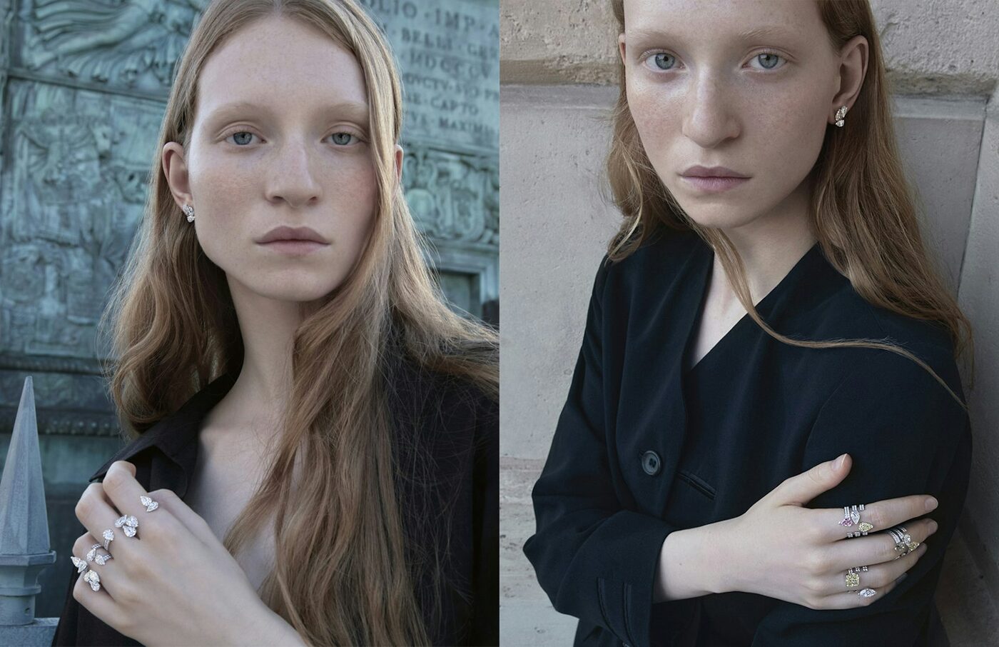 A Repossi campaign diptych shot on Place Vend&ocirc;me, two models wearing Antifer diamond rings against the bronze reliefs of the Vend&ocirc;me column