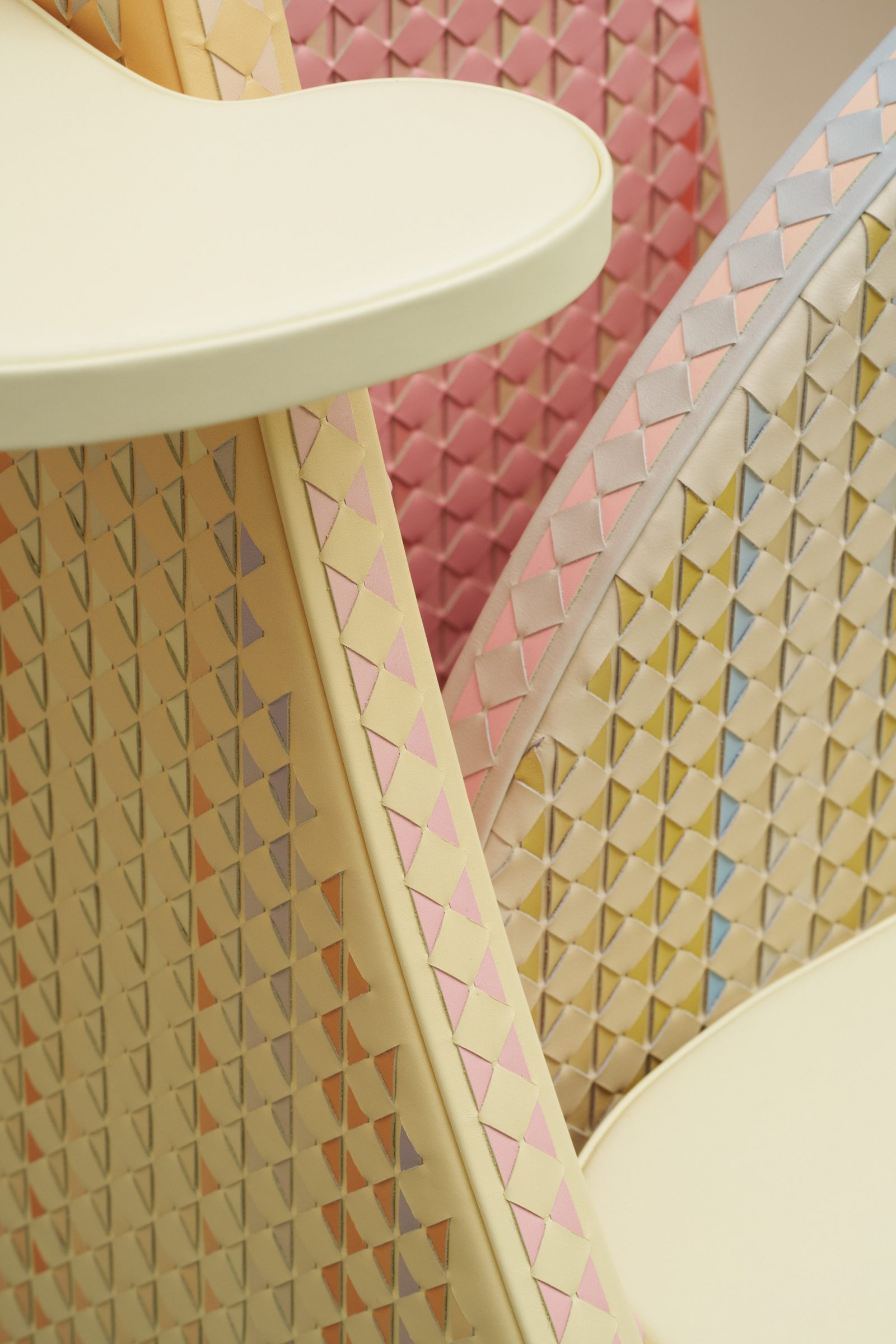 Detail of Serapian's Mosaico weave in pastel leather, designed with Bethan Laura Wood