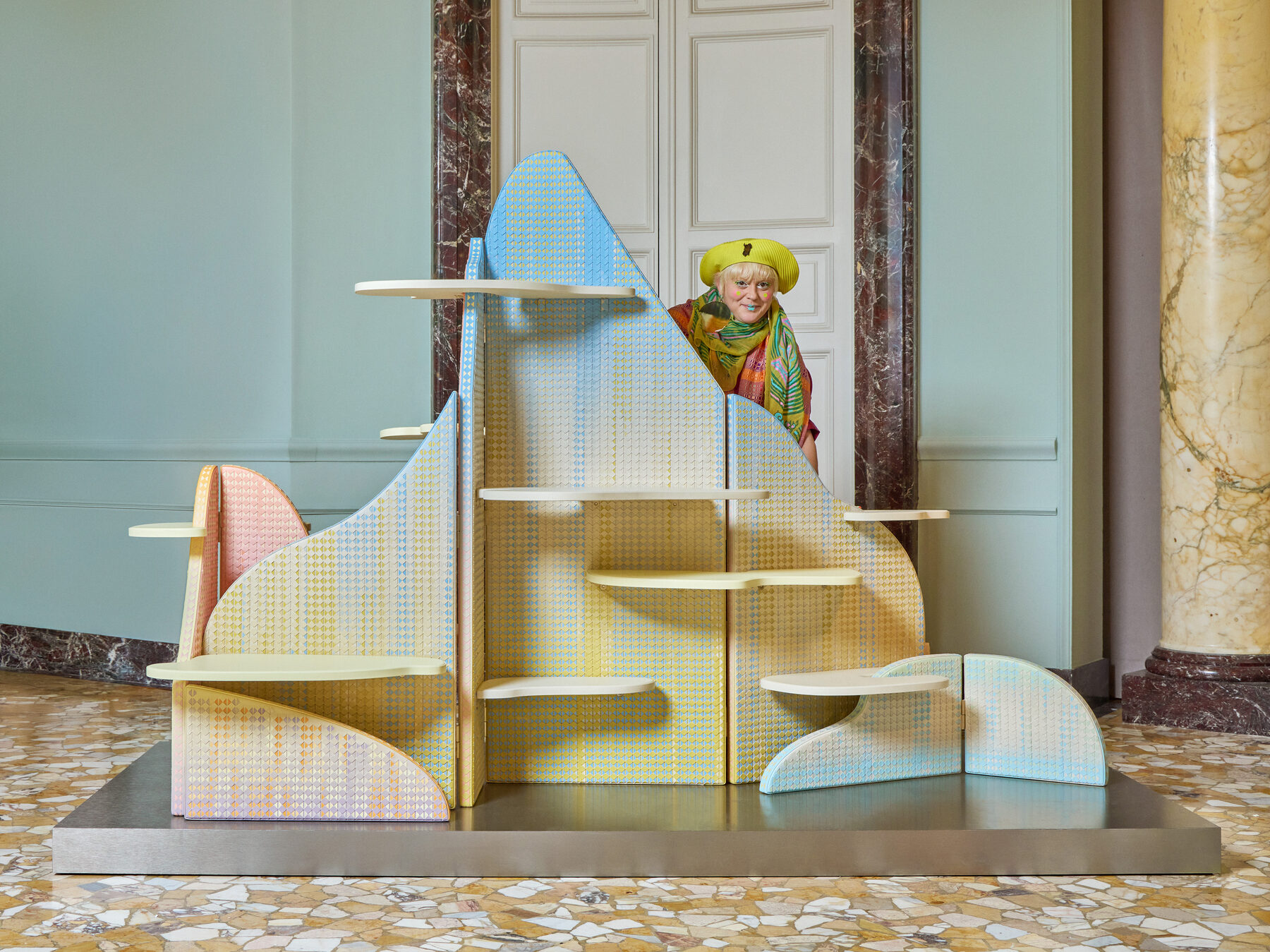Bethan Laura Wood for Serapian, pastel Mosaico bags in azure, pink and ice