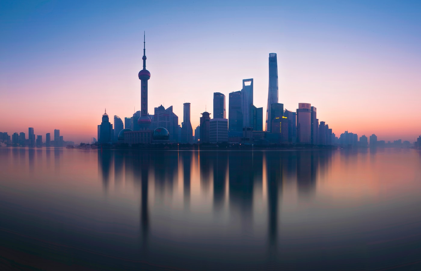 Shanghai skyline viewed from the Bund at dusk