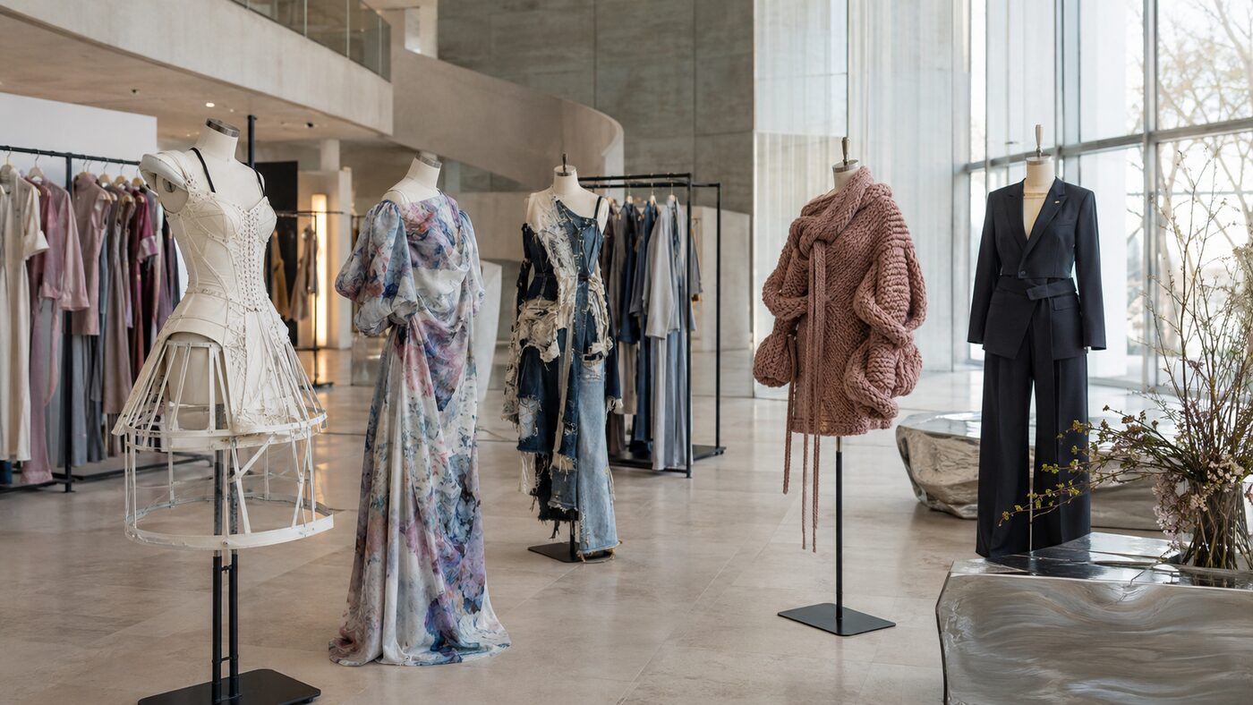 Experimental fashion shown in a contemporary Paris showroom setting