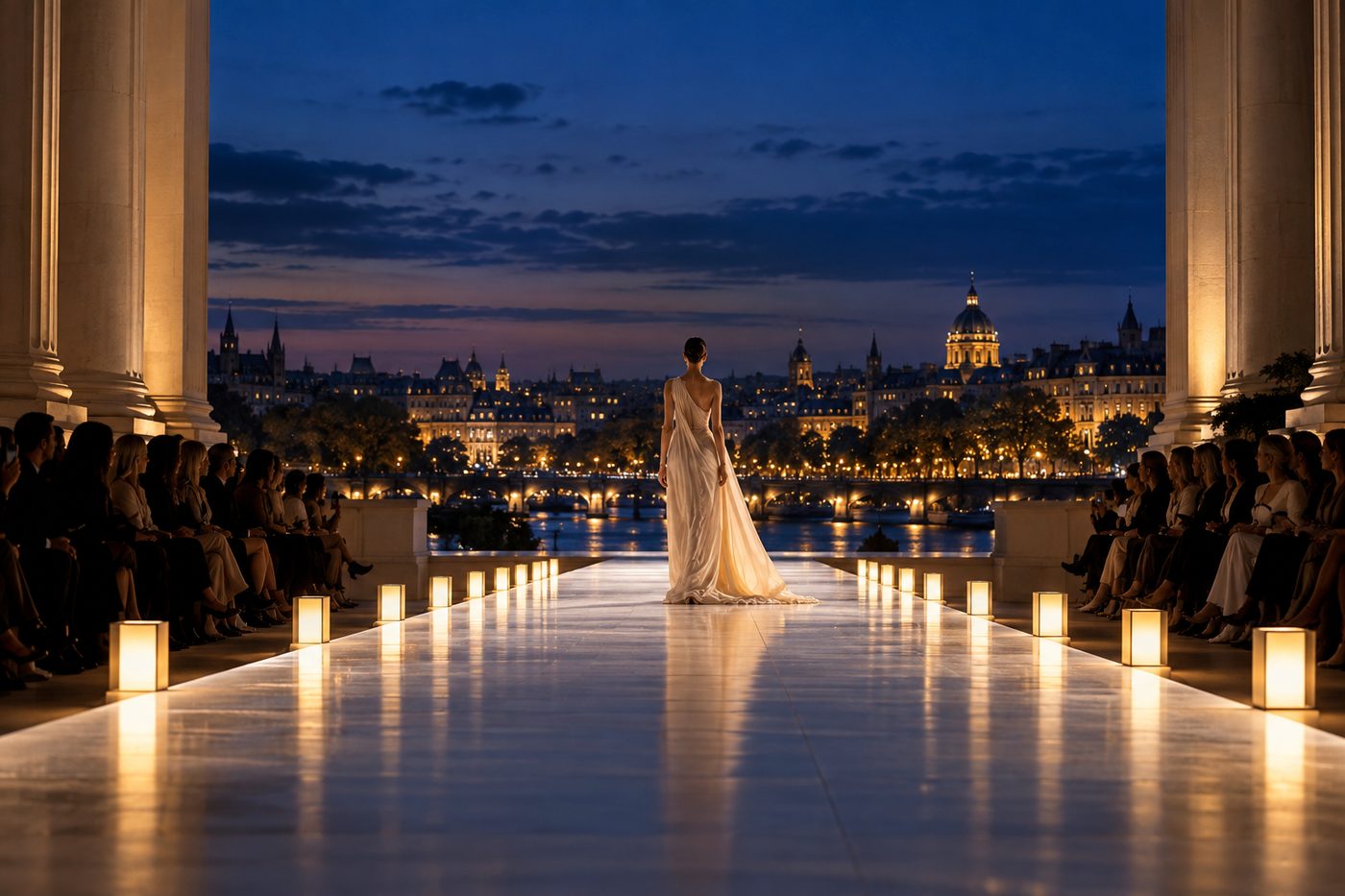 A Paris runway at dusk during the closing days of the Spring/Summer 2027 season, the Seine behind the set