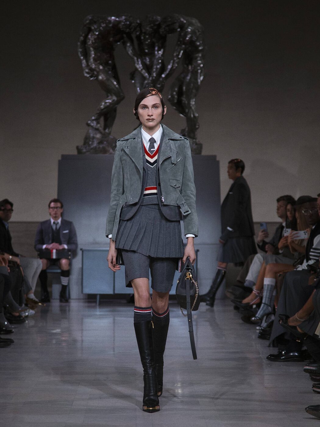 A Thom Browne brand image of cropped grey tailoring