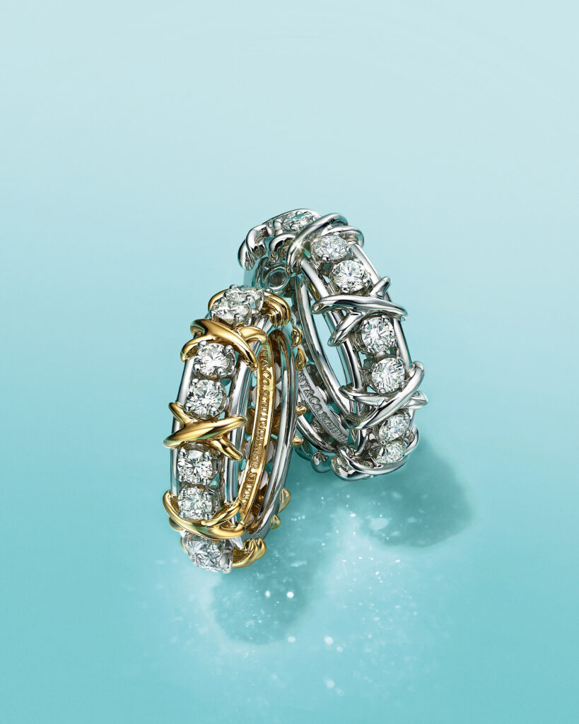 A Sixteen Stone by Tiffany ring, its paired diamonds following Jean Schlumberger's cross-stitch motif, courtesy of Tiffany & Co.