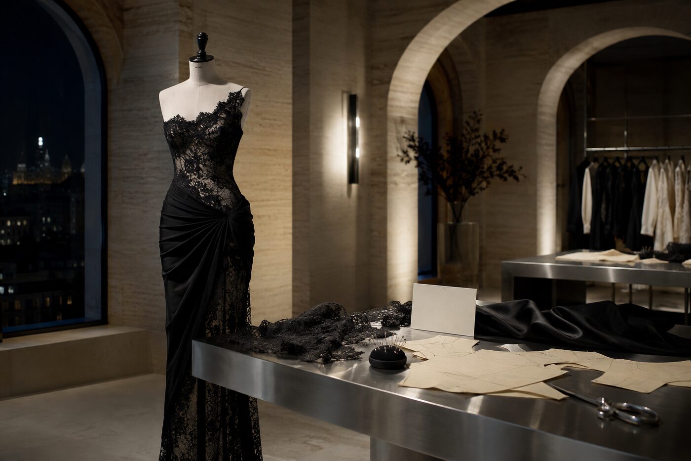 A black lace evening gown on a dress form in a low-lit Milan eveningwear atelier, courtesy of Fashion PR Firm